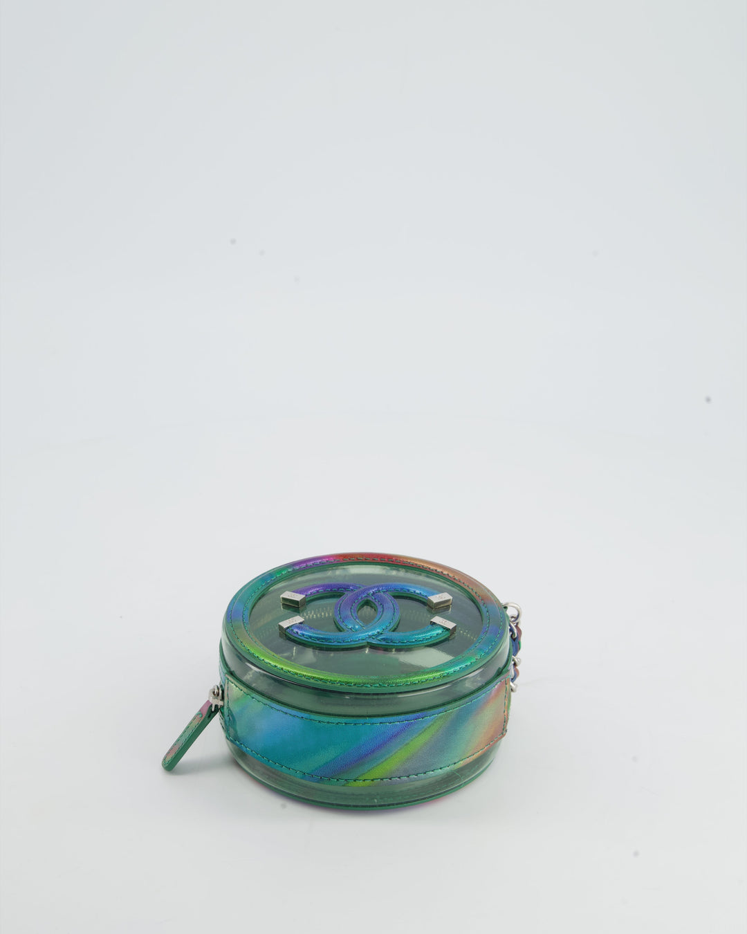 *HOT* Top Quality Chanel Rainbow Green Filigree PVC CC Mini Round Crossbody Bag with Silver Hardware