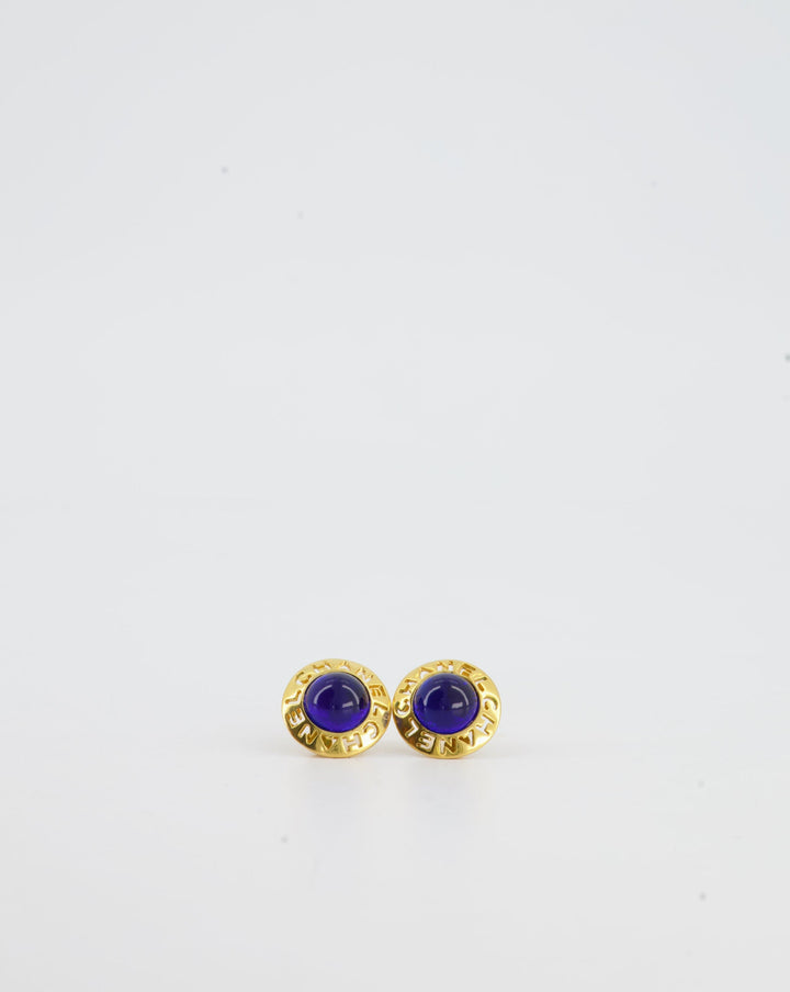 Top Quality Chanel Vintage Yellow Gold with Blue Pearl Round Clip-On Earrings with CC Logo