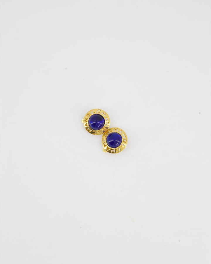 Top Quality Chanel Vintage Yellow Gold with Blue Pearl Round Clip-On Earrings with CC Logo