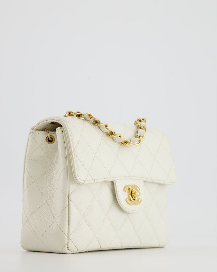 *RARE* Top Quality Chanel Vintage White Caviar Mini Square Flap Bag with 24K Gold Hardware