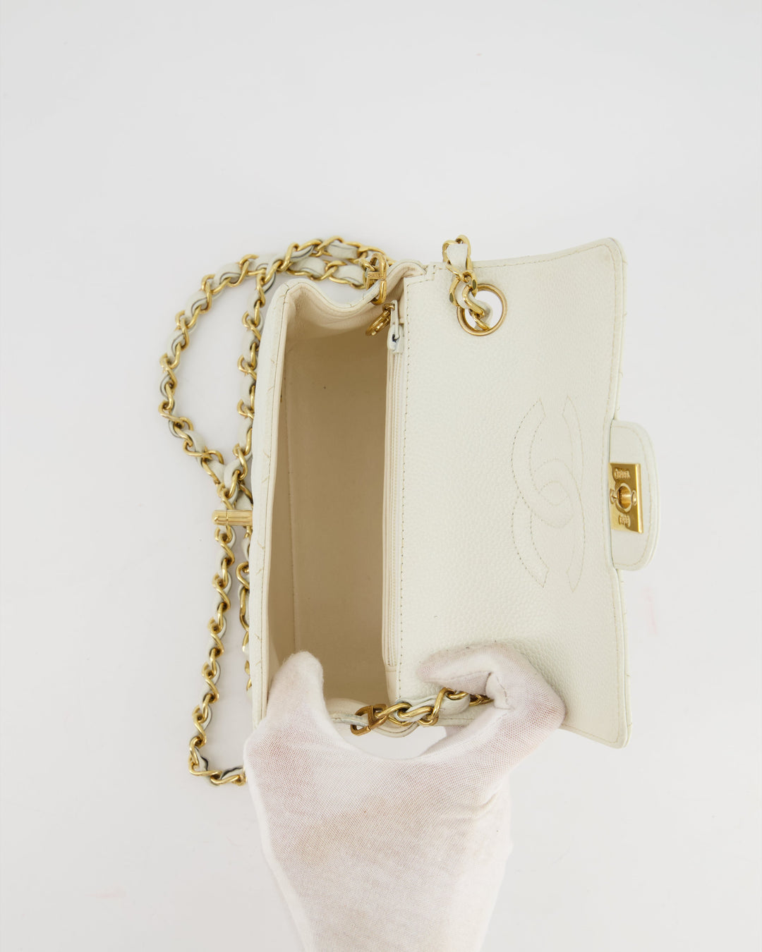 *RARE* Top Quality Chanel Vintage White Caviar Mini Square Flap Bag with 24K Gold Hardware