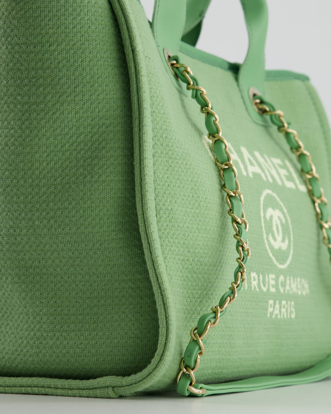 *HOT* Top Quality Chanel Pistachio Green Canvas Small Deauville Tote Bag with Champagne Gold Hardware