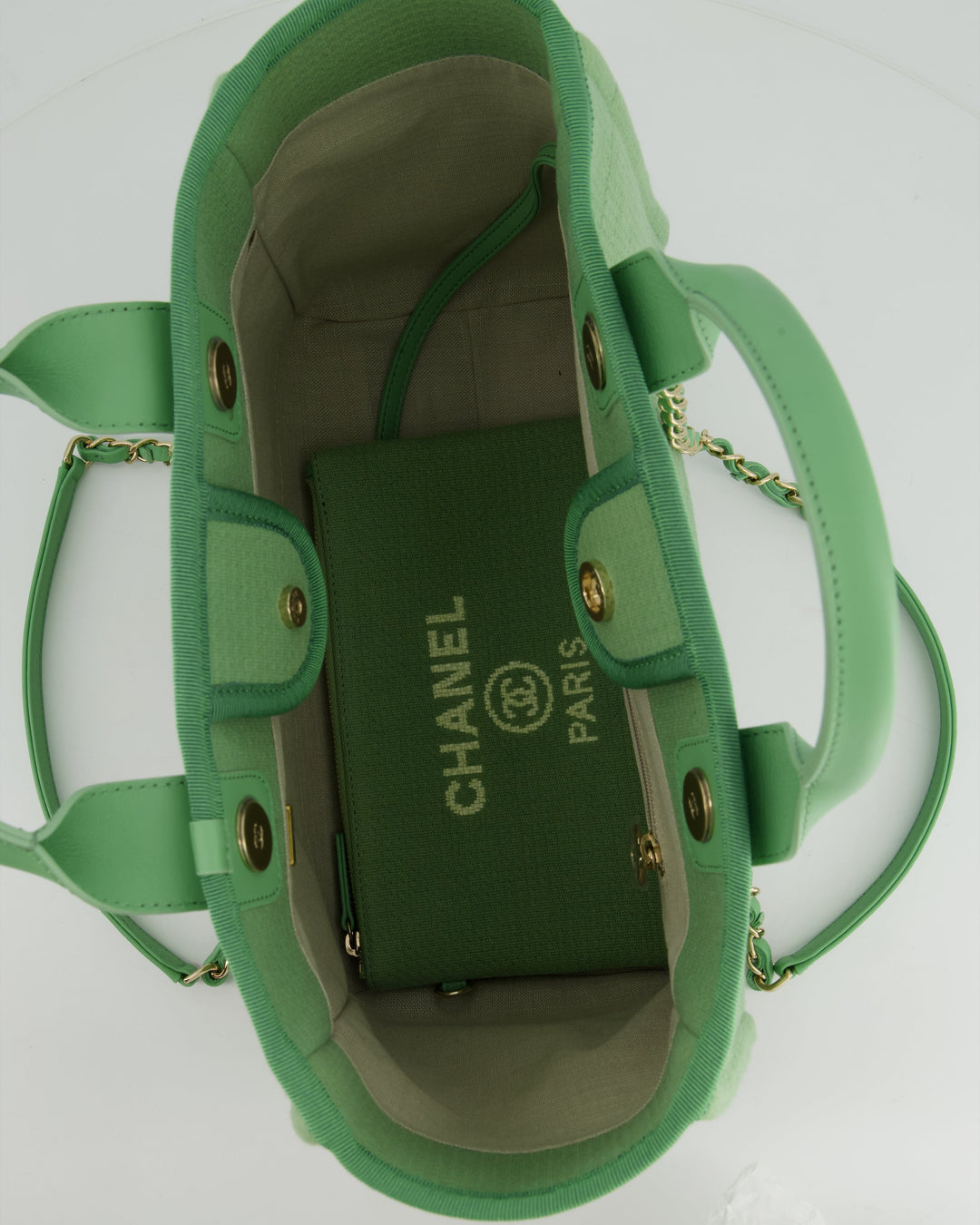 *HOT* Top Quality Chanel Pistachio Green Canvas Small Deauville Tote Bag with Champagne Gold Hardware