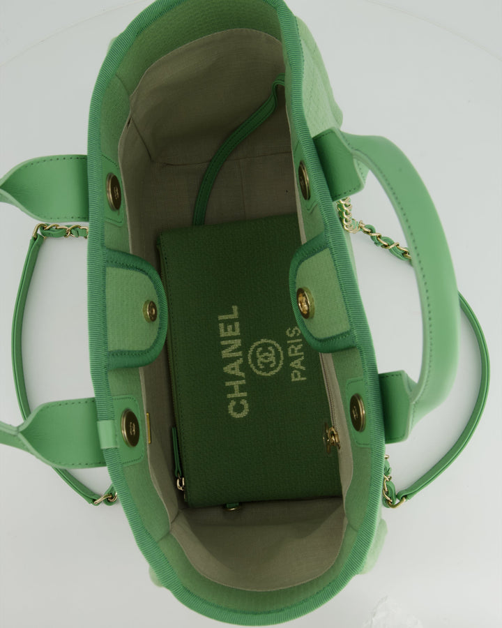 *HOT* Chanel Pistachio Green Canvas Small Deauville Tote Bag with Champagne Gold Hardware