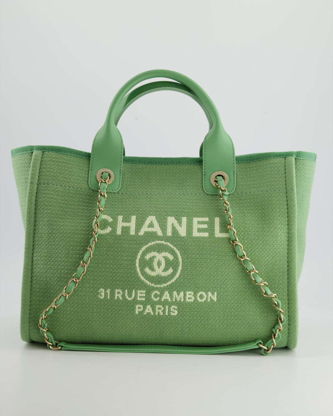 *HOT* Top Quality Chanel Pistachio Green Canvas Small Deauville Tote Bag with Champagne Gold Hardware