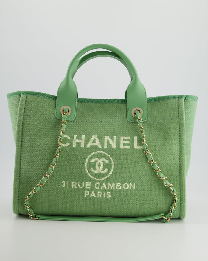 *HOT* Top Quality Chanel Pistachio Green Canvas Small Deauville Tote Bag with Champagne Gold Hardware
