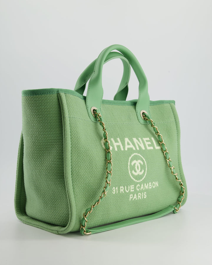 *HOT* Top Quality Chanel Pistachio Green Canvas Small Deauville Tote Bag with Champagne Gold Hardware