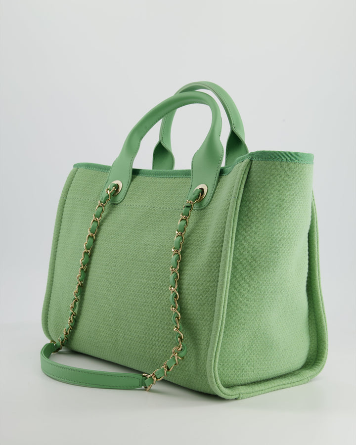 *HOT* Top Quality Chanel Pistachio Green Canvas Small Deauville Tote Bag with Champagne Gold Hardware
