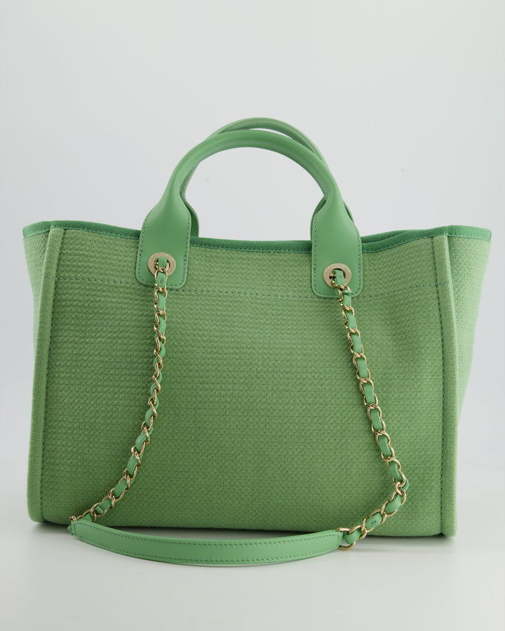 *HOT* Top Quality Chanel Pistachio Green Canvas Small Deauville Tote Bag with Champagne Gold Hardware