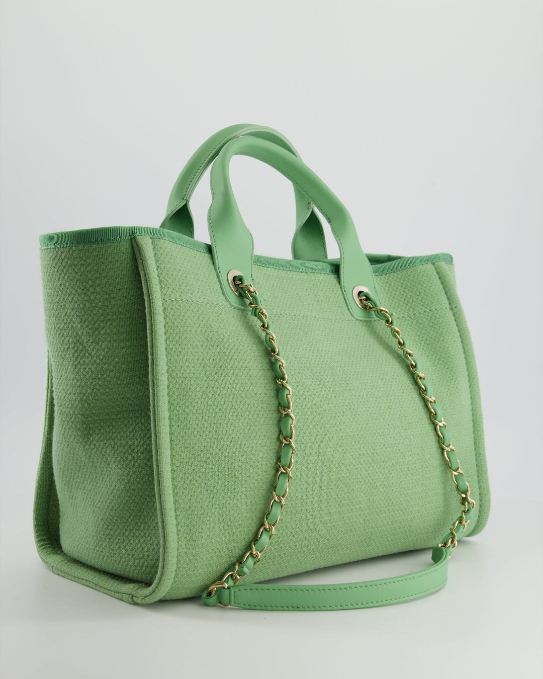 *HOT* Top Quality Chanel Pistachio Green Canvas Small Deauville Tote Bag with Champagne Gold Hardware