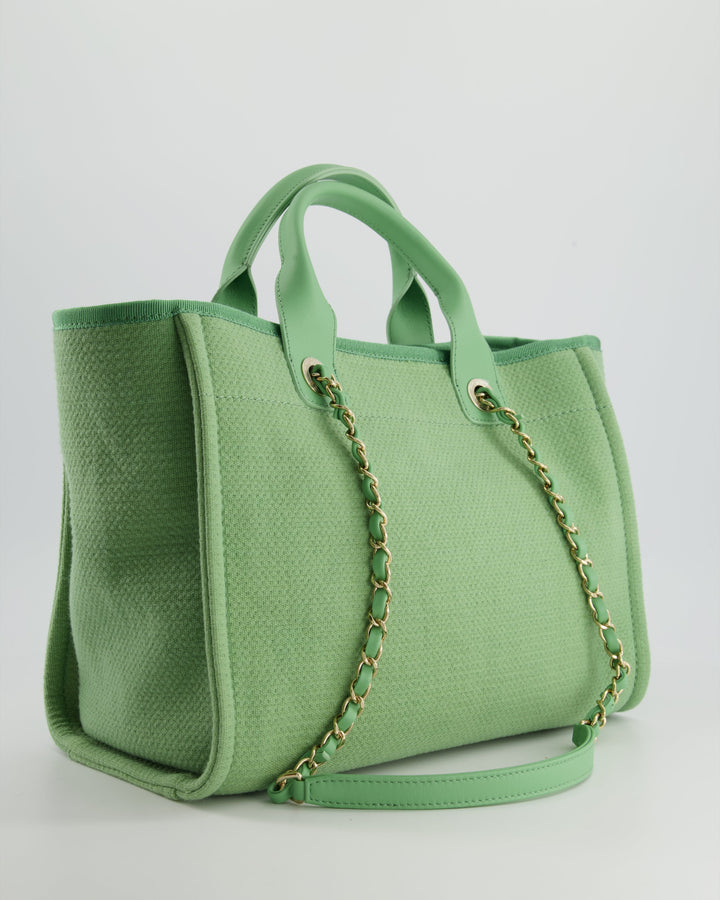 *HOT* Top Quality Chanel Pistachio Green Canvas Small Deauville Tote Bag with Champagne Gold Hardware