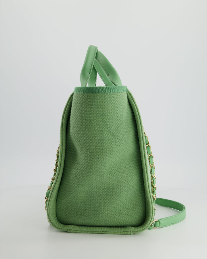 *HOT* Top Quality Chanel Pistachio Green Canvas Small Deauville Tote Bag with Champagne Gold Hardware