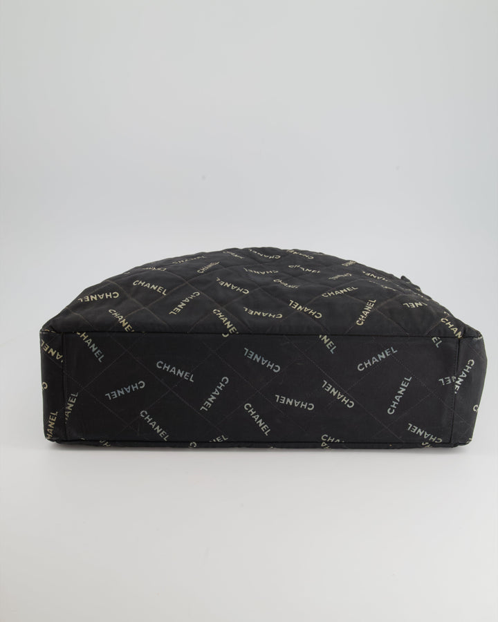*RARE* Top Quality Chanel Vintage Black Bag in Quilted Canvas Logo Print with Gold Hardware