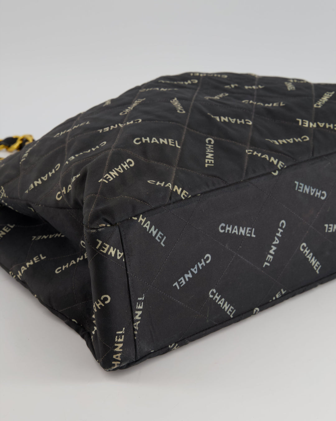 *RARE* Top Quality Chanel Vintage Black Bag in Quilted Canvas Logo Print with Gold Hardware