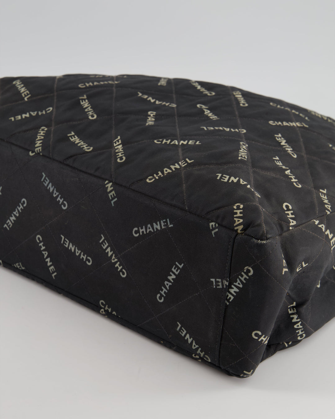 *RARE* Top Quality Chanel Vintage Black Bag in Quilted Canvas Logo Print with Gold Hardware