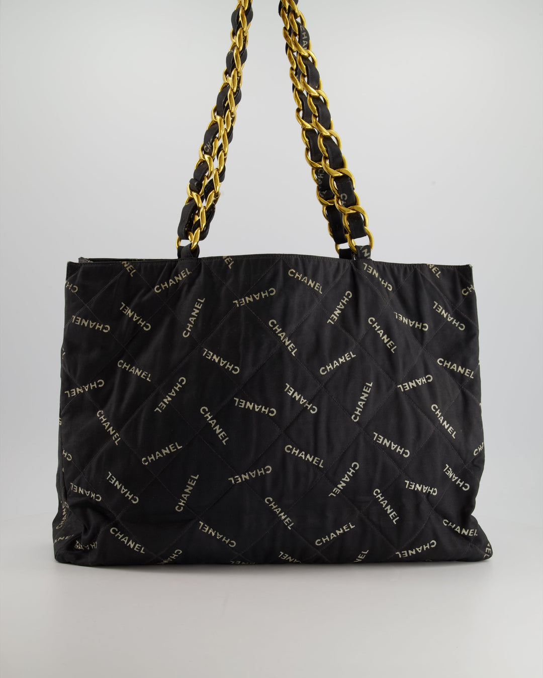 *RARE* Top Quality Chanel Vintage Black Bag in Quilted Canvas Logo Print with Gold Hardware