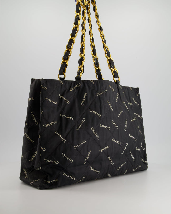 *RARE* Top Quality Chanel Vintage Black Bag in Quilted Canvas Logo Print with Gold Hardware