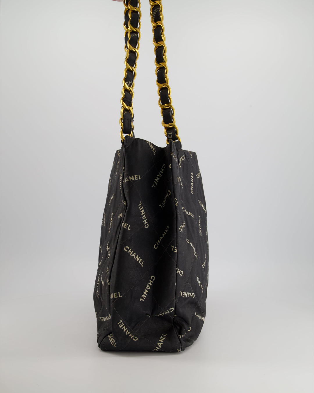 *RARE* Top Quality Chanel Vintage Black Bag in Quilted Canvas Logo Print with Gold Hardware