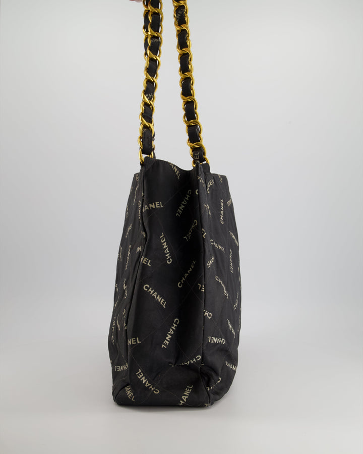 *RARE* Top Quality Chanel Vintage Black Bag in Quilted Canvas Logo Print with Gold Hardware