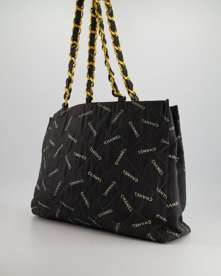 *RARE* Top Quality Chanel Vintage Black Bag in Quilted Canvas Logo Print with Gold Hardware