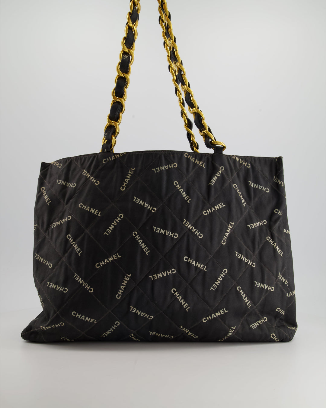 *RARE* Top Quality Chanel Vintage Black Bag in Quilted Canvas Logo Print with Gold Hardware