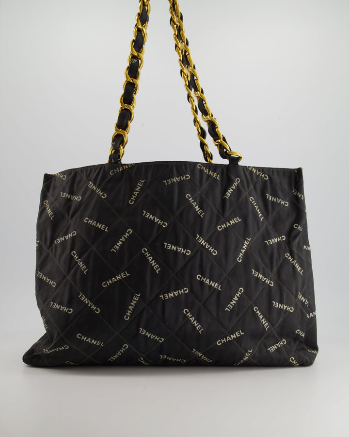 *RARE* Top Quality Chanel Vintage Black Bag in Quilted Canvas Logo Print with Gold Hardware