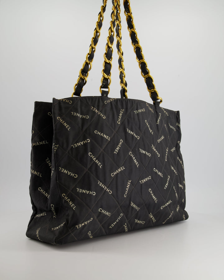 *RARE* Top Quality Chanel Vintage Black Bag in Quilted Canvas Logo Print with Gold Hardware