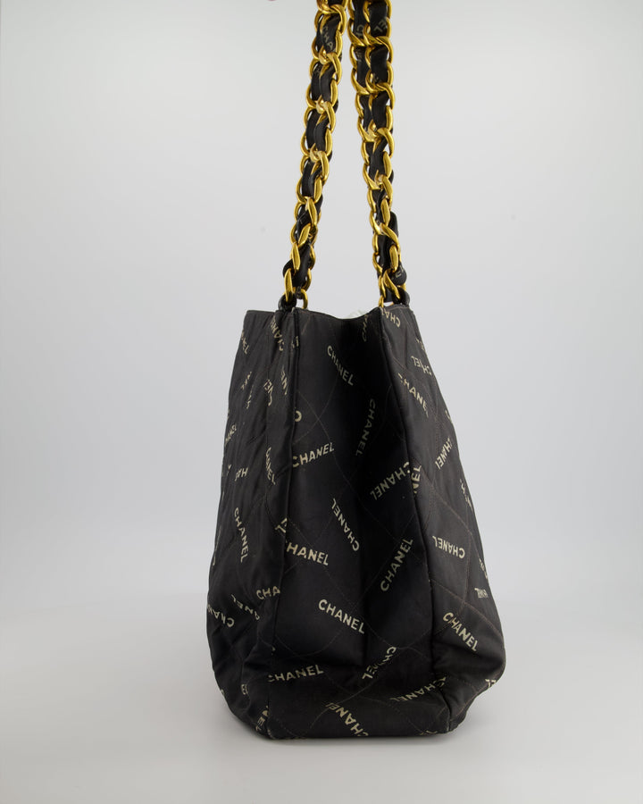 *RARE* Top Quality Chanel Vintage Black Bag in Quilted Canvas Logo Print with Gold Hardware