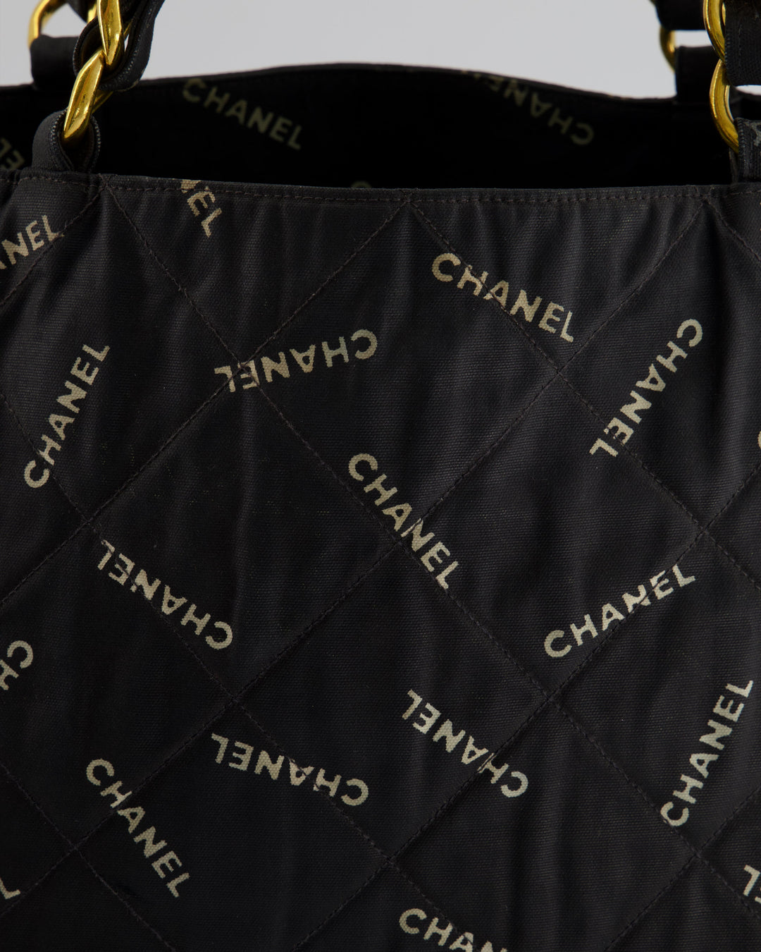 *RARE* Top Quality Chanel Vintage Black Bag in Quilted Canvas Logo Print with Gold Hardware