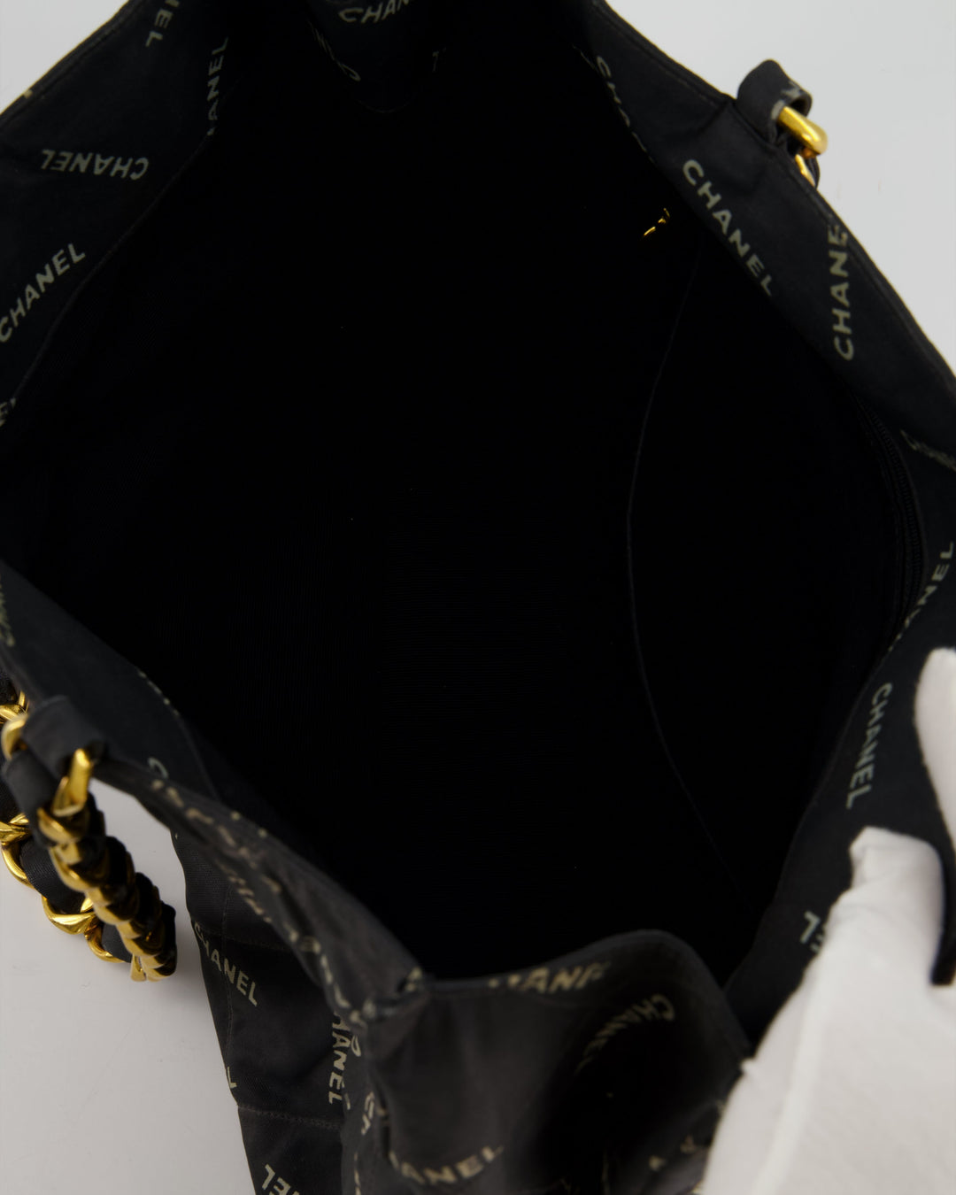 *RARE* Top Quality Chanel Vintage Black Bag in Quilted Canvas Logo Print with Gold Hardware