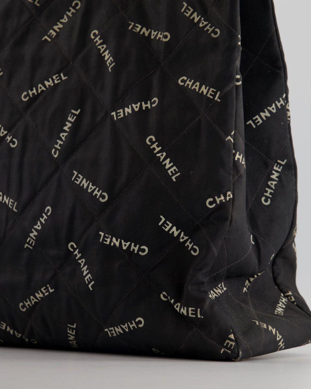 *RARE* Top Quality Chanel Vintage Black Bag in Quilted Canvas Logo Print with Gold Hardware