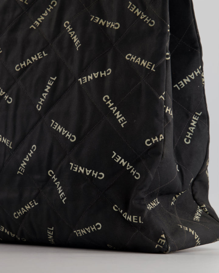 *RARE* Top Quality Chanel Vintage Black Bag in Quilted Canvas Logo Print with Gold Hardware