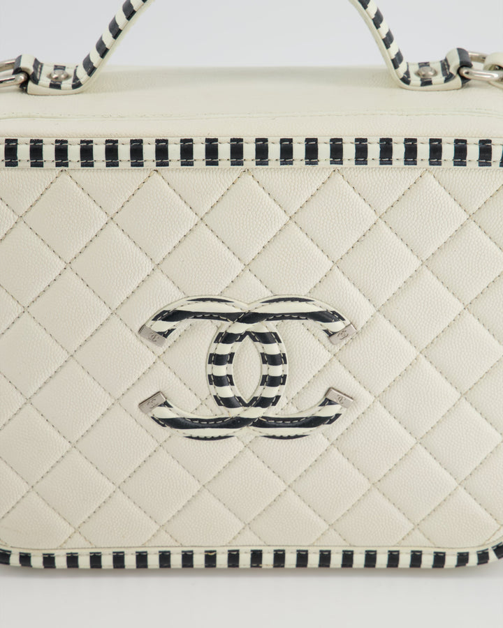*HOT* Top Quality Chanel White Caviar Vanity Case with Zebra Motif CC Logo and Silver Hardware