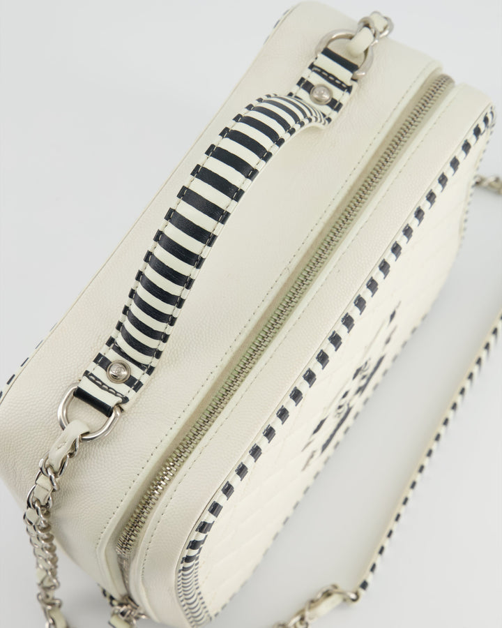 *HOT* Top Quality Chanel White Caviar Vanity Case with Zebra Motif CC Logo and Silver Hardware