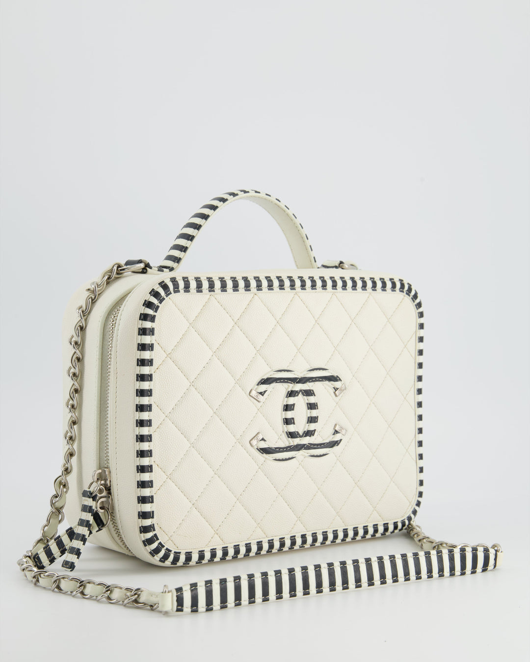 *HOT* Top Quality Chanel White Caviar Vanity Case with Zebra Motif CC Logo and Silver Hardware