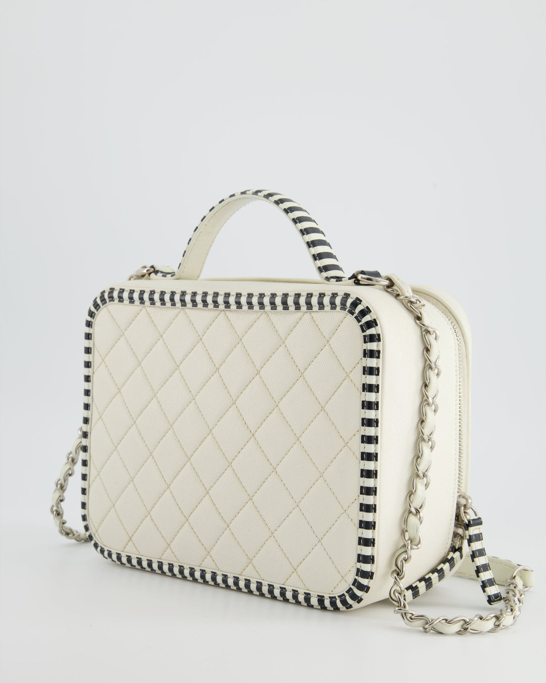 *HOT* Top Quality Chanel White Caviar Vanity Case with Zebra Motif CC Logo and Silver Hardware