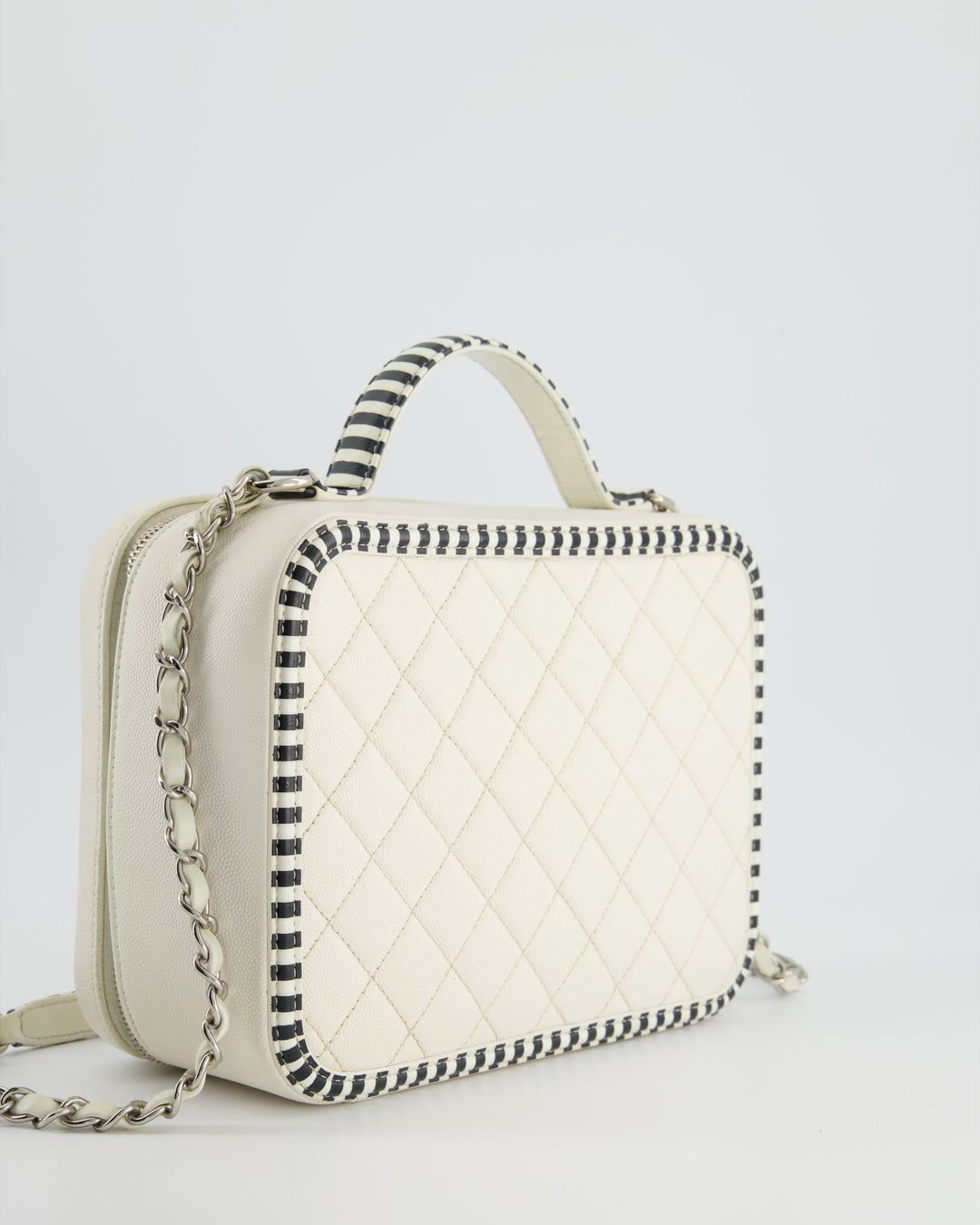 *HOT* Top Quality Chanel White Caviar Vanity Case with Zebra Motif CC Logo and Silver Hardware