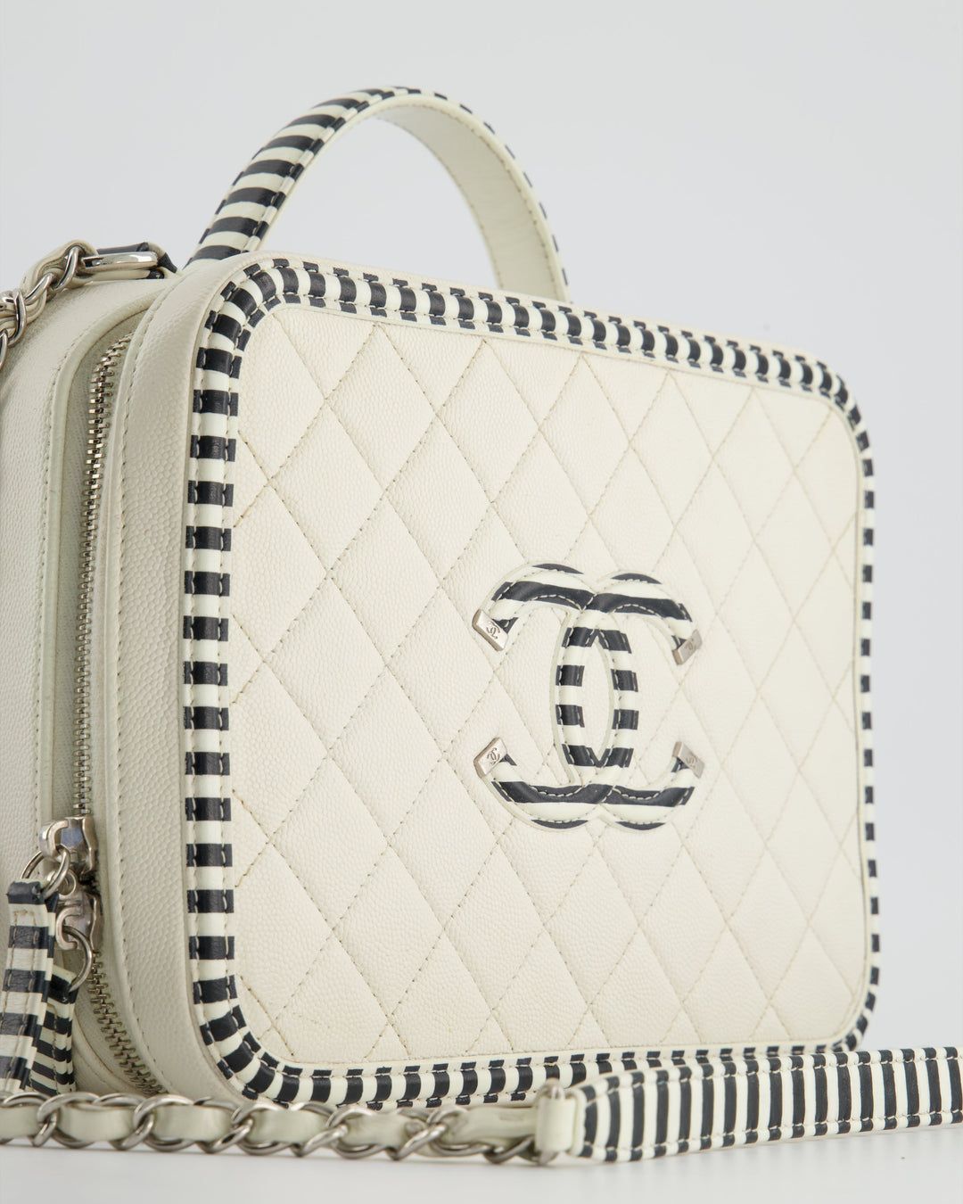 *HOT* Top Quality Chanel White Caviar Vanity Case with Zebra Motif CC Logo and Silver Hardware