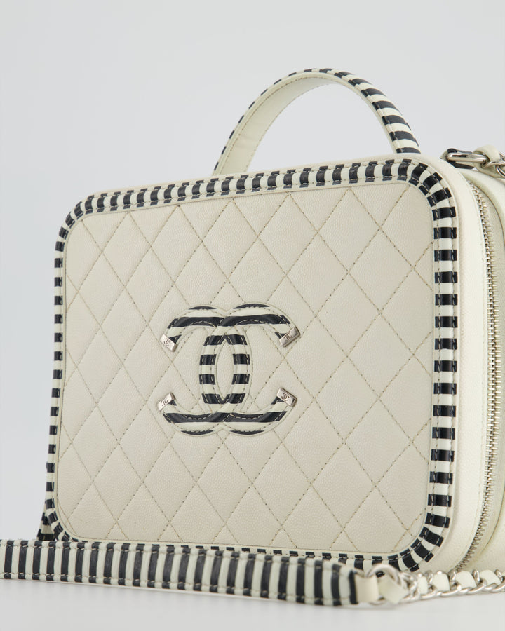 *HOT* Top Quality Chanel White Caviar Vanity Case with Zebra Motif CC Logo and Silver Hardware