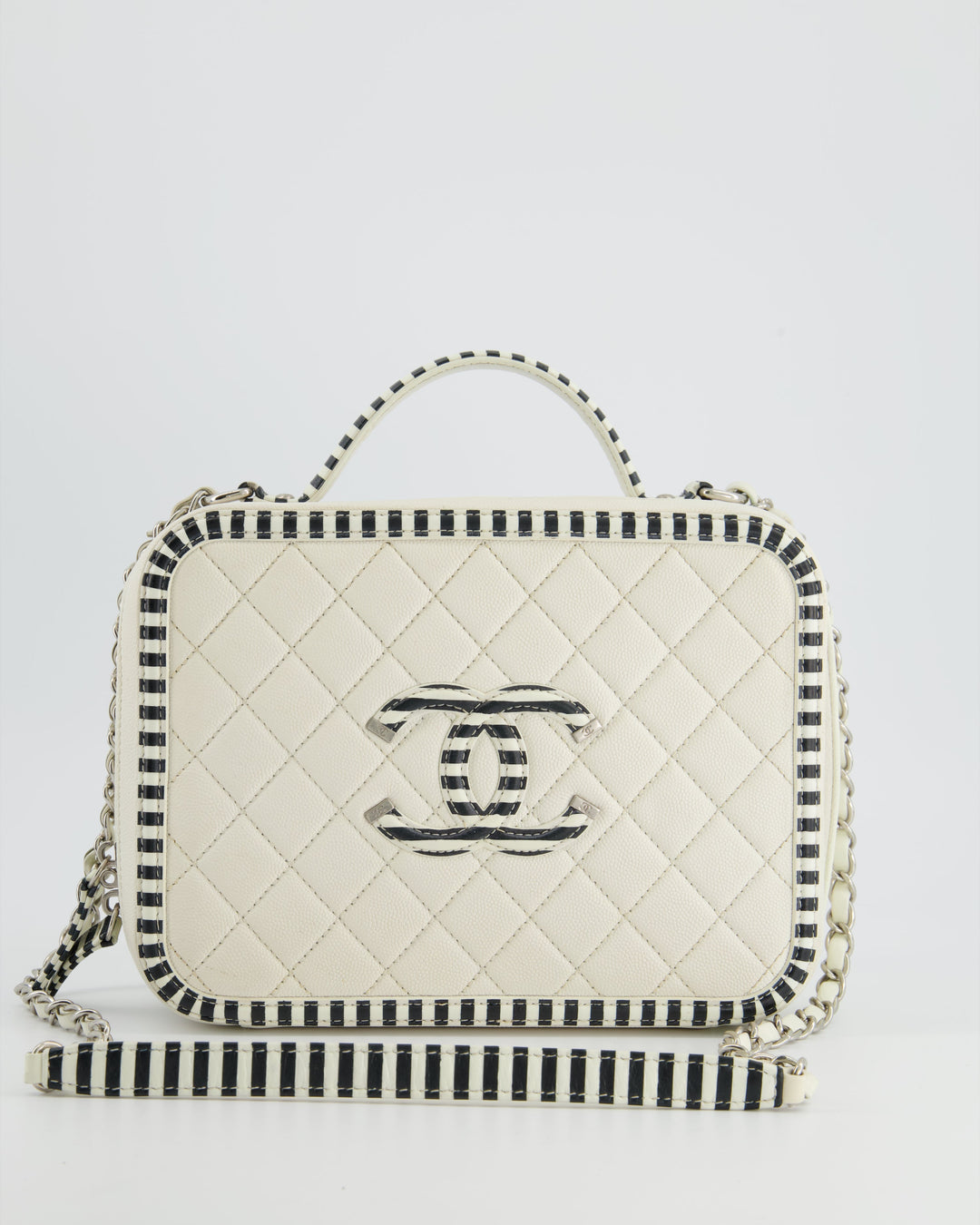 *HOT* Top Quality Chanel White Caviar Vanity Case with Zebra Motif CC Logo and Silver Hardware