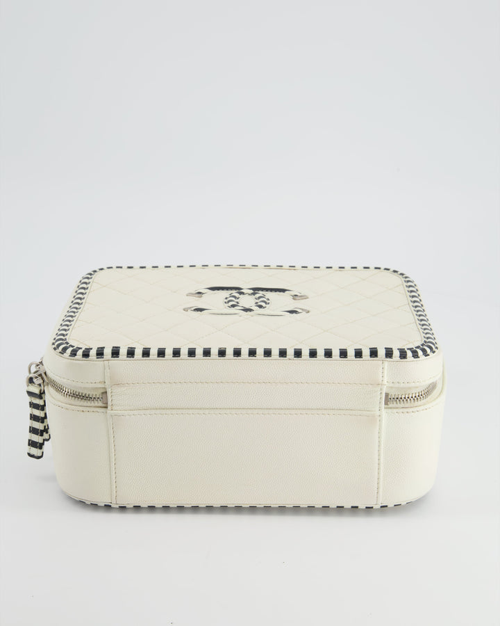 *HOT* Top Quality Chanel White Caviar Vanity Case with Zebra Motif CC Logo and Silver Hardware
