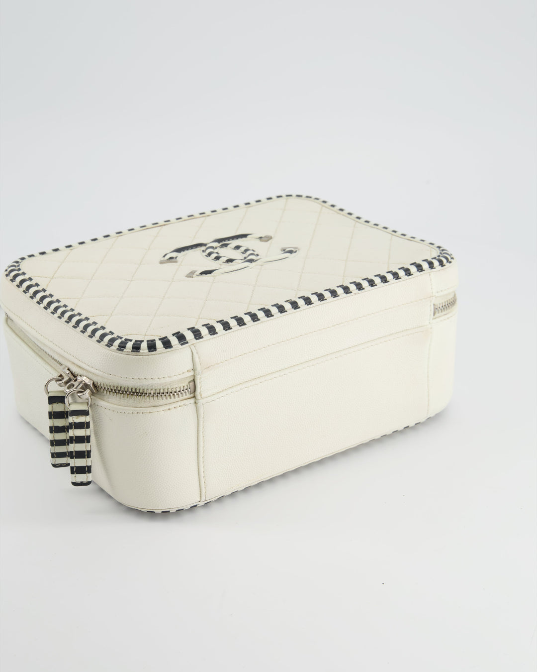 *HOT* Top Quality Chanel White Caviar Vanity Case with Zebra Motif CC Logo and Silver Hardware