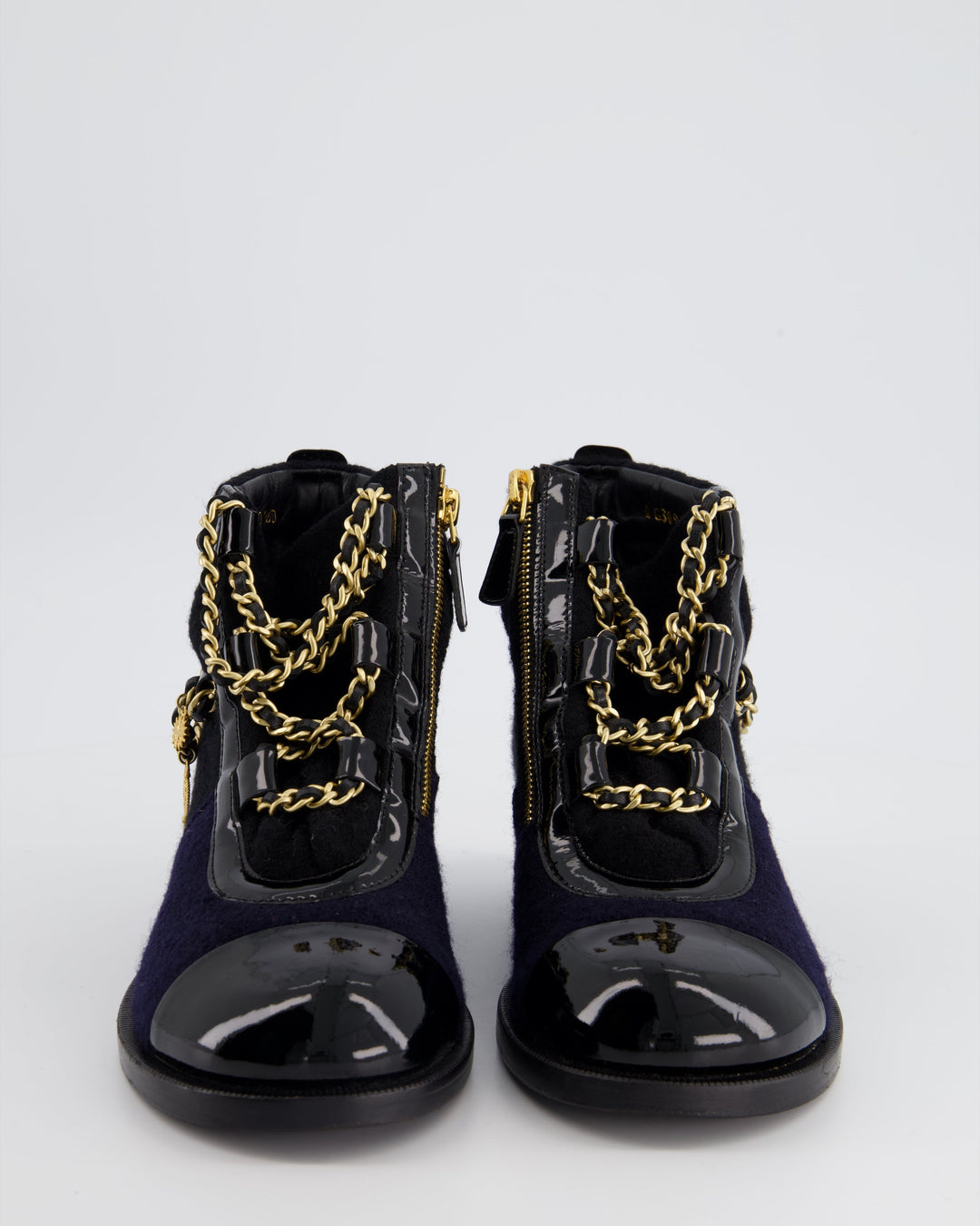 Top Quality Chanel Navy, Black Wool and Patent Ankle Boot with Brushed Gold Charm Chain Detail Size EU 35
