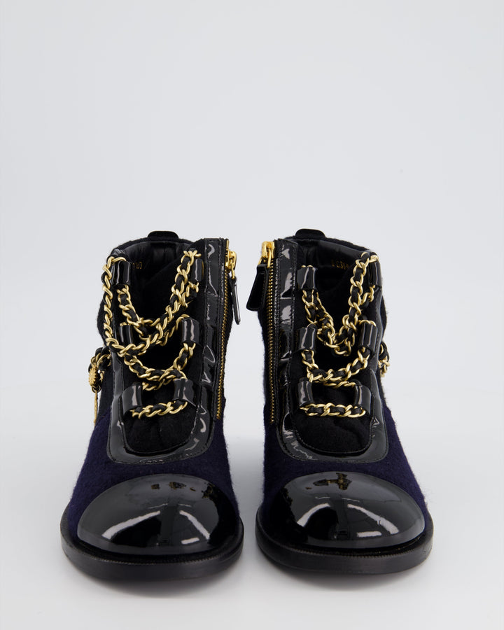 Top Quality Chanel Navy, Black Wool and Patent Ankle Boot with Brushed Gold Charm Chain Detail Size EU 35