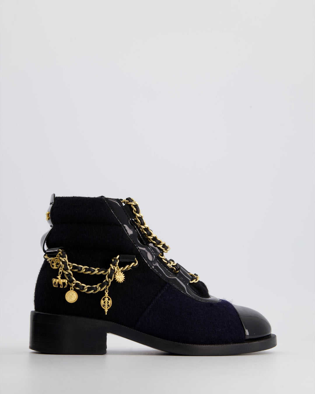 Top Quality Chanel Navy, Black Wool and Patent Ankle Boot with Brushed Gold Charm Chain Detail Size EU 35