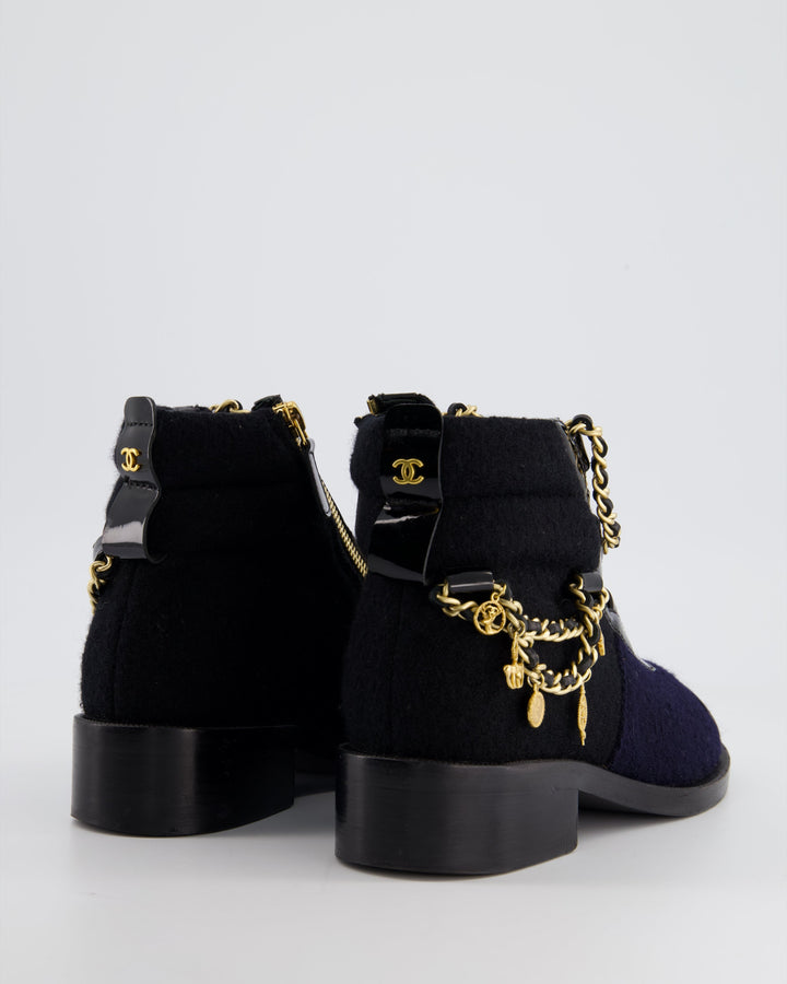 Top Quality Chanel Navy, Black Wool and Patent Ankle Boot with Brushed Gold Charm Chain Detail Size EU 35