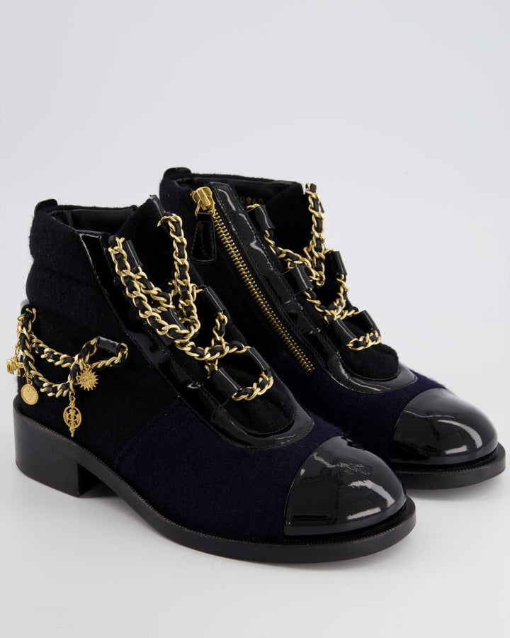 Top Quality Chanel Navy, Black Wool and Patent Ankle Boot with Brushed Gold Charm Chain Detail Size EU 35