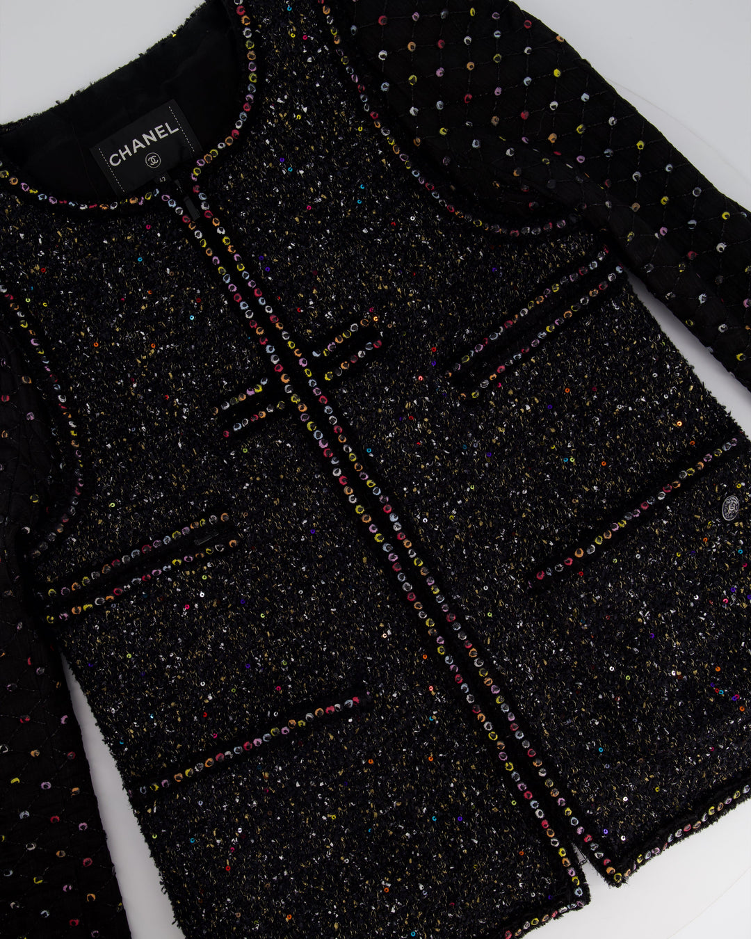 Top Quality Chanel  Fall 2017 Black Tweed Jacket with Multicoloured Sequin Details Size FR 42 (UK 14)
