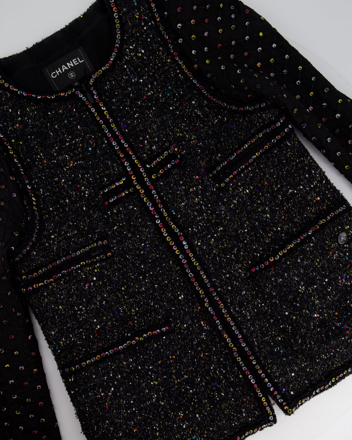 Top Quality Chanel  Fall 2017 Black Tweed Jacket with Multicoloured Sequin Details Size FR 42 (UK 14)