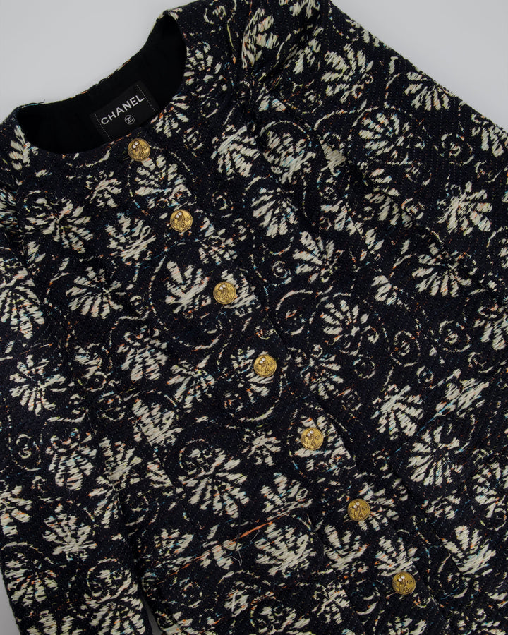 *HOT* Top Quality Chanel 18C Navy Tweed Jacket with White Floral Embroideries and Crystal Bronze Buttons FR 42 (UK 14) RRP ¬£4800